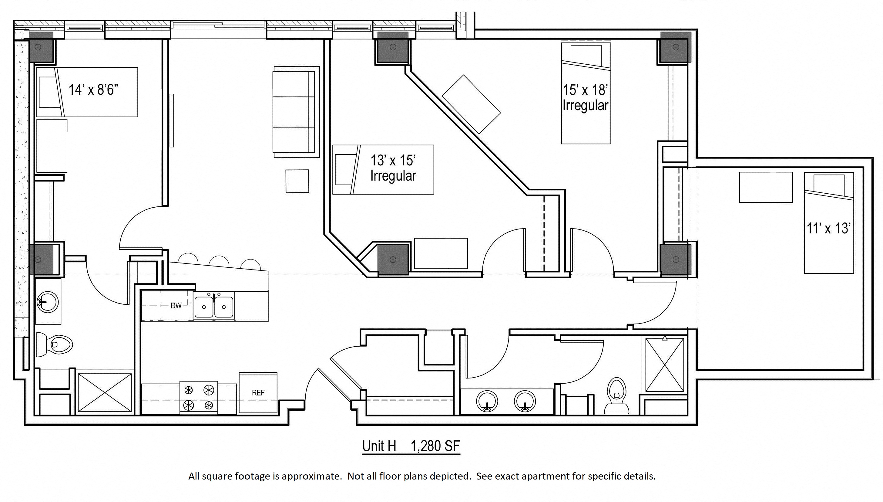 Floor plan for 4 beds, 2 baths, 1280 sqft